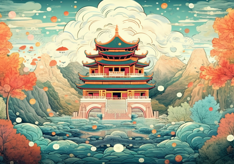 中国风国潮手绘楼阁风景插画,插画/手绘图,插画/手绘图库,插画/手绘图下载,插画/手绘